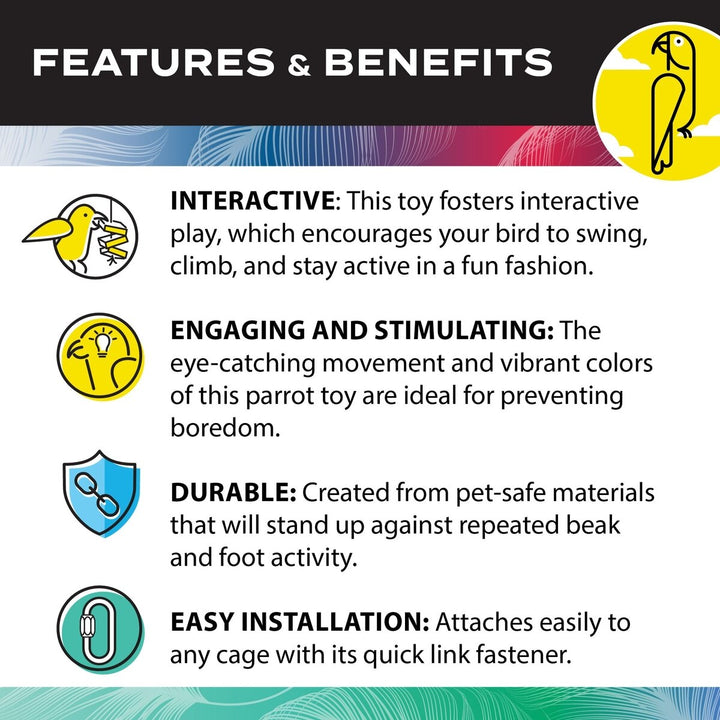 Features and benefits of Caitec Tinker N Round Bird Toy displayed on a colorful background with icons.