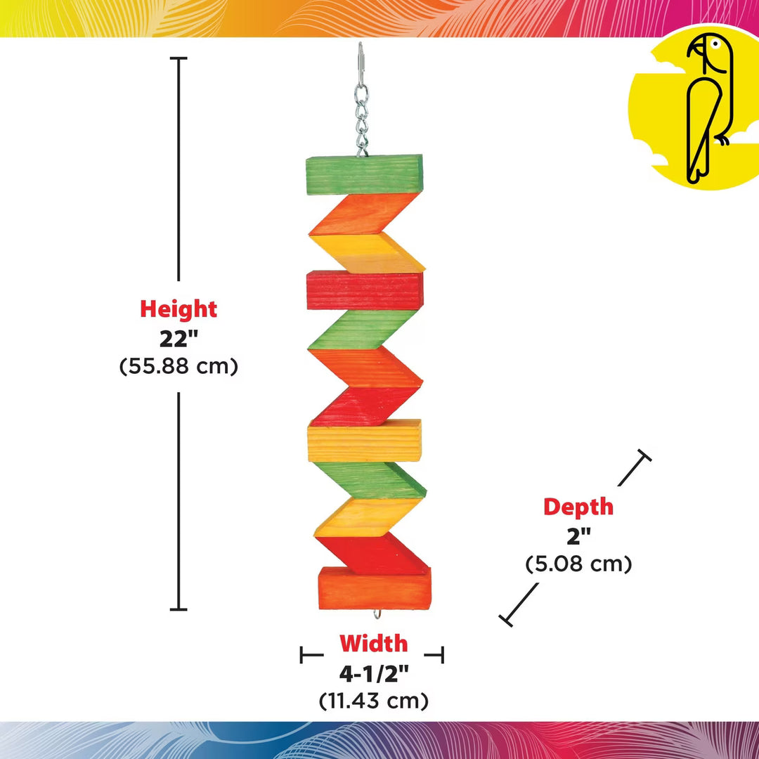 Colorful zigzag bird toy with measurements on a white background