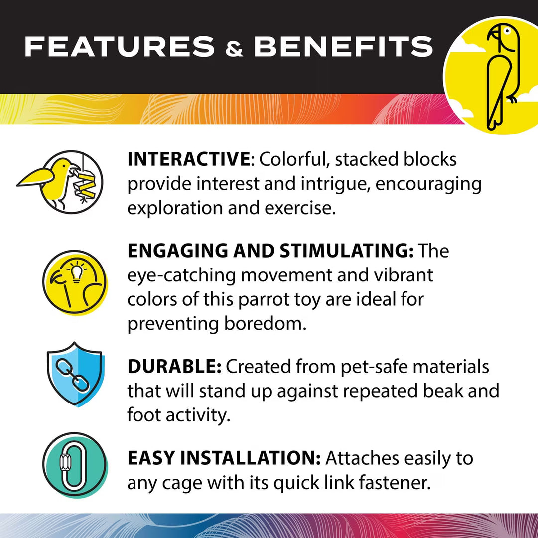 Features and benefits of a parrot toy with colorful text and icons on a black background.