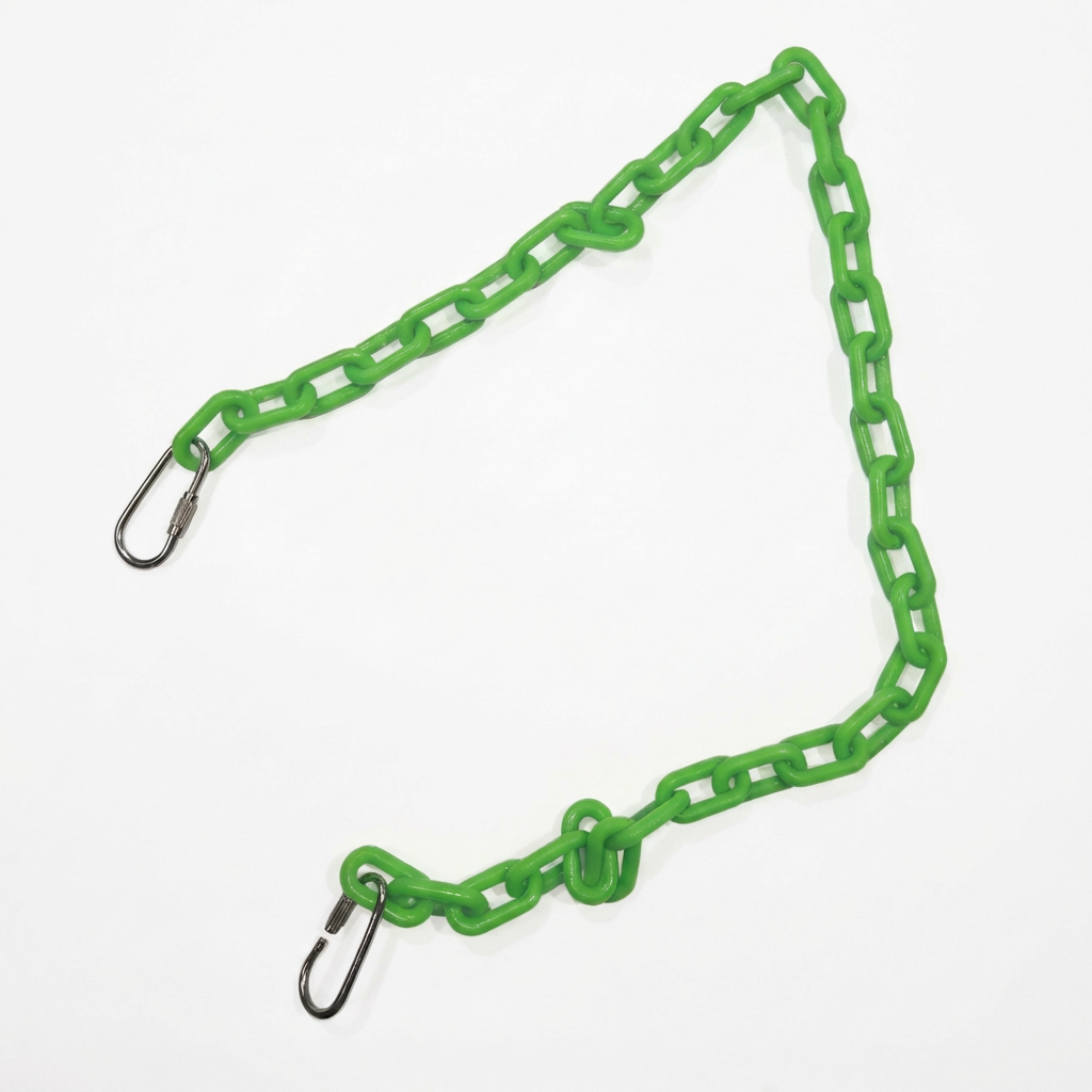 Green chain with carabiners on a white background