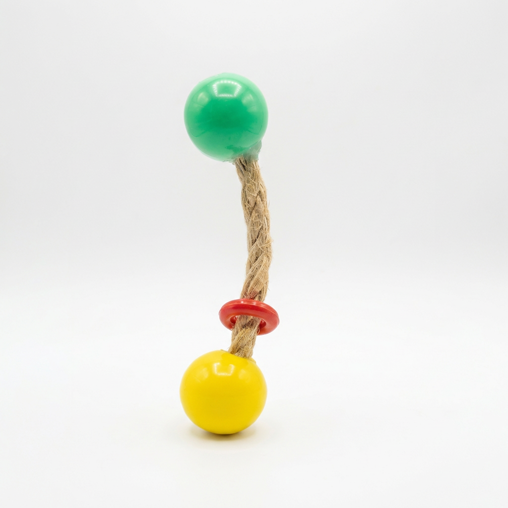Toy with a green and yellow ball on a white background