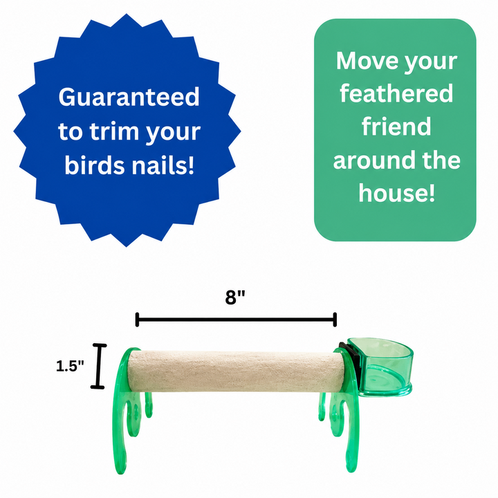 A bird perch product shown on a white background with promotional text badges. The perch has a light wood dowel, green drip-style feet, and a translucent green cup - Polly's Pet Mini Bird Stand / Rocker - Large