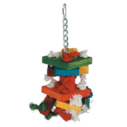Colorful bird toy with wooden blocks and raffia 