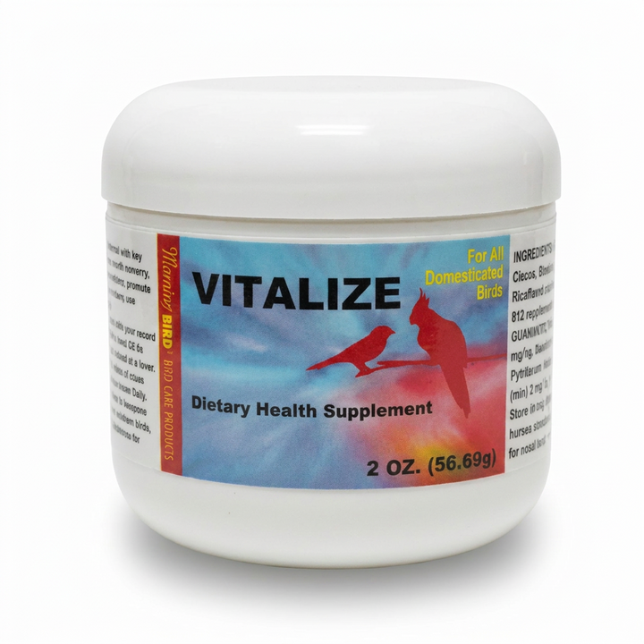 A white plastic jar of Vitalize dietary health supplement for domestic birds, featuring a blue and red label with bird silhouettes.