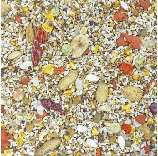 A close-up top-down view of a mixed natural snack blend 