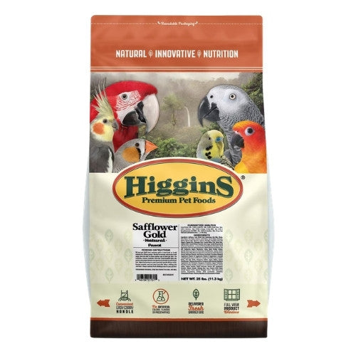 A bag of Higgins Premium Pet Foods Safflower Gold bird food, featuring a design with various colorful parrots and a large Higgins logo on a white background.