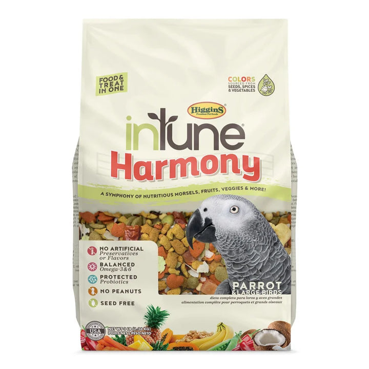 Bag of Higgins inTune Harmony Parrot Pellets on a white background