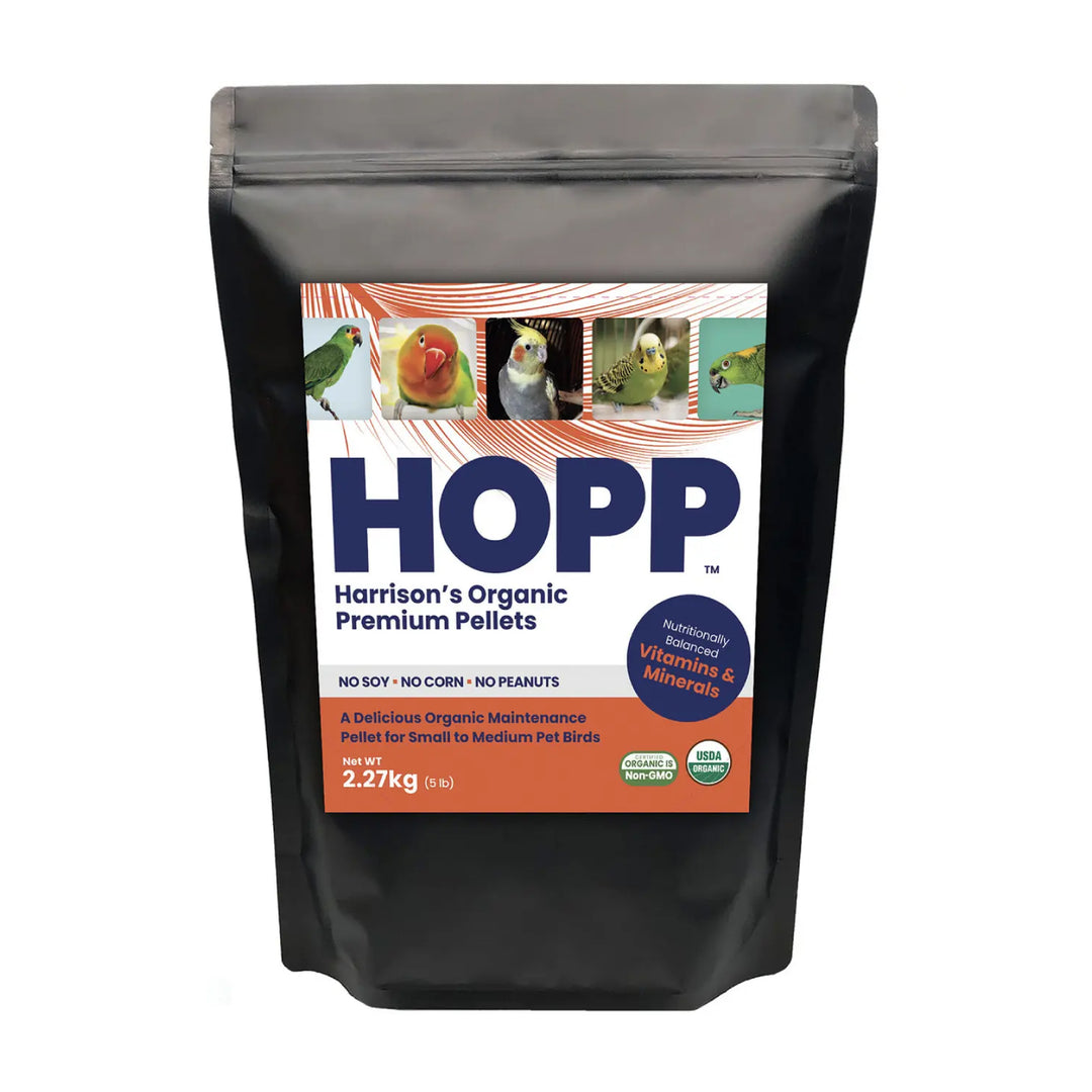 Bag of Harrison's Organic Premium Pellets (HOPP) for pet birds on a white background.