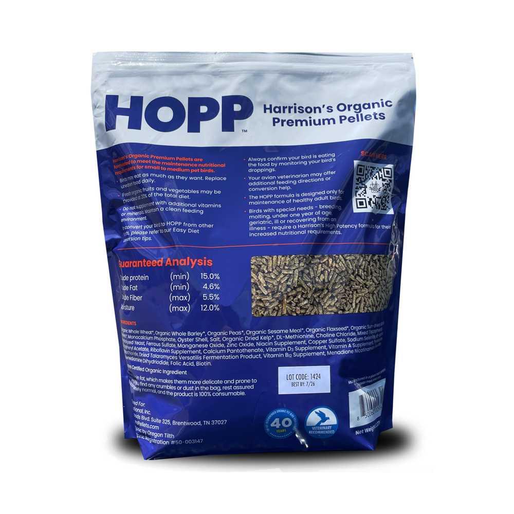 Harrison's Organic Premium Pellets (HOPP) packaging from the back on a white background.