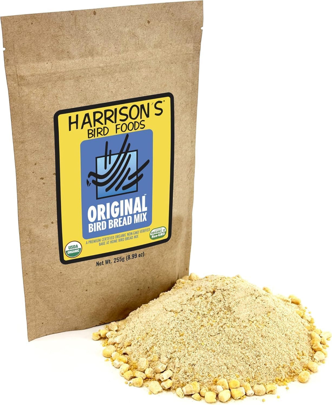 Harrison's Bird Foods Original Bird Bread Mix packaging with a small pile of the product on a white background
