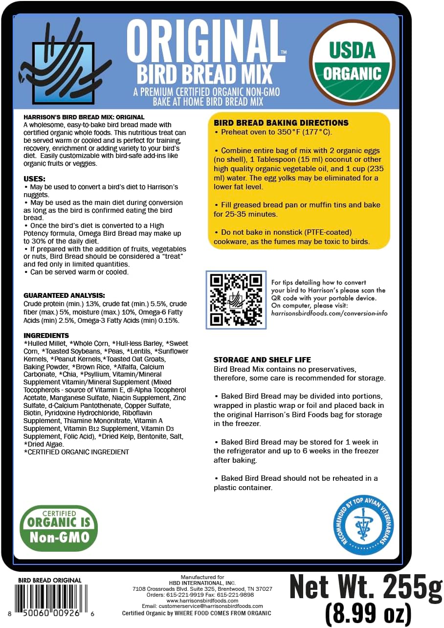 Back label of Original Bird Bread Mix with USDA Organic certification and nutritional information.