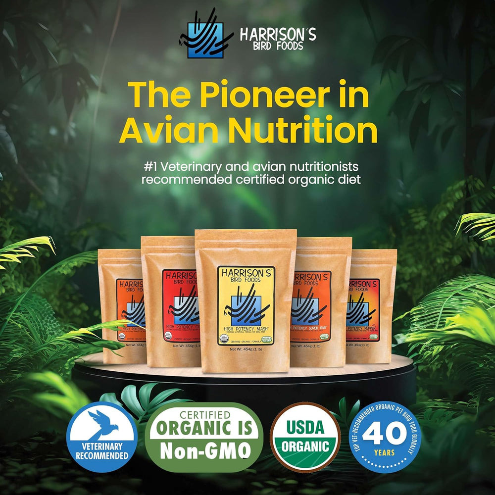 Harrison's Bird Foods packages with branding and certification logos on a natural background