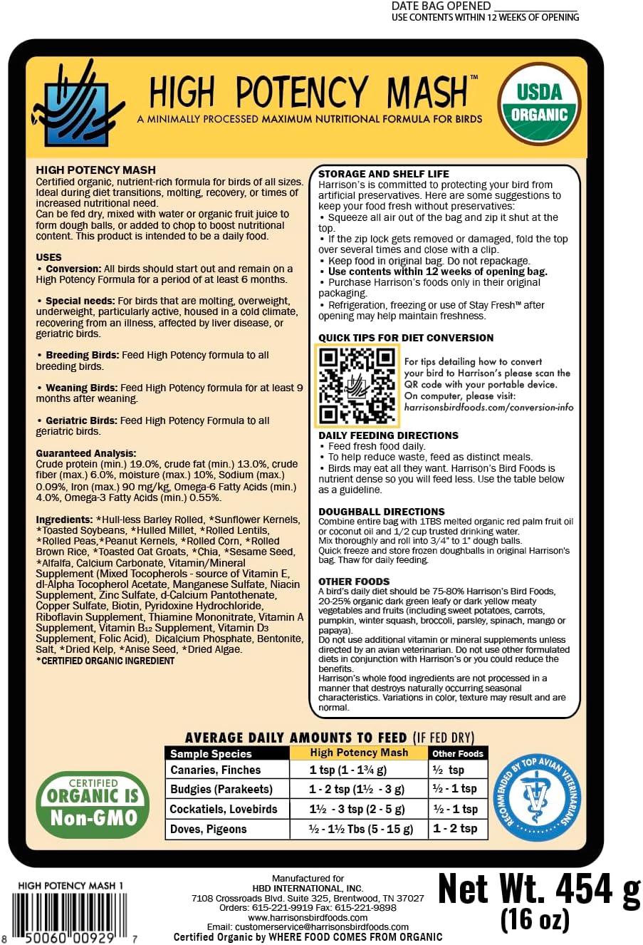 High Potency Mash label with nutritional information and conversion tips on a white background