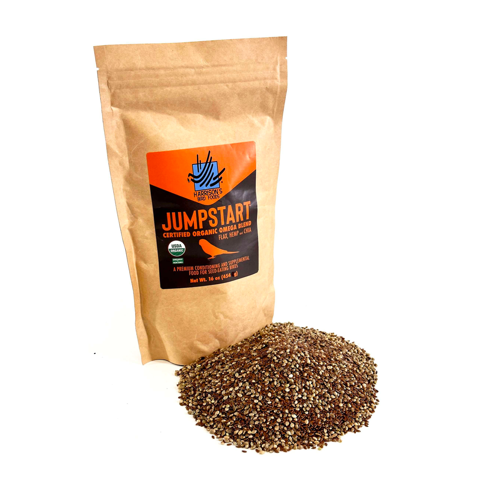 Harrison's Jumpstart Omega 16 Oz packaging with a pile of seeds on a white background