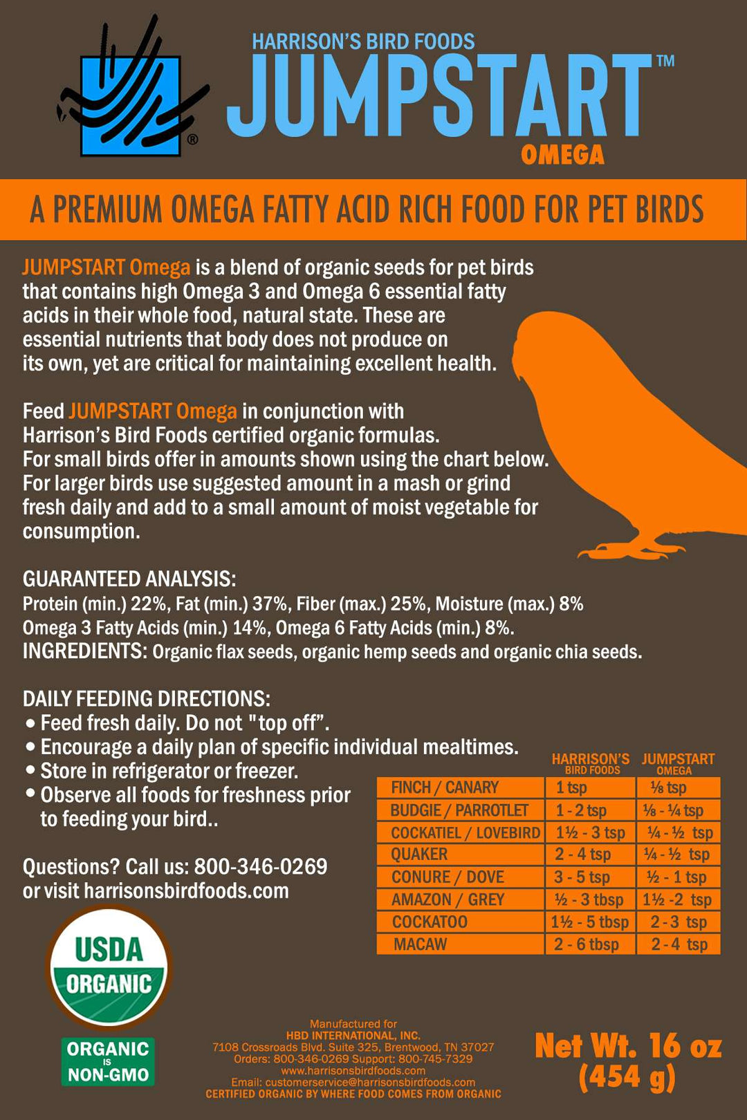 Harrison's Bird Foods Jumpstart Omega food label with an orange bird illustration on a brown background.