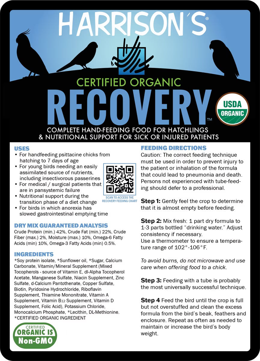 Harrison's Certified Organic Recovery food label for birds with text and branding elements.