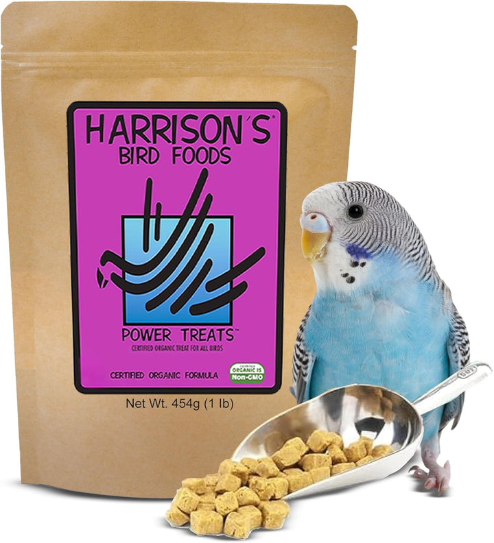 Harrison's Bird Foods Power Treats 1 LB package with a parakeet and a scoop of bird treats on a white background