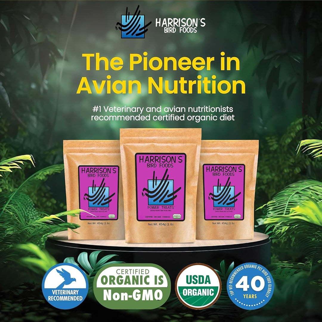 Harrison's bird food packages with branding and certification logos on a natural background