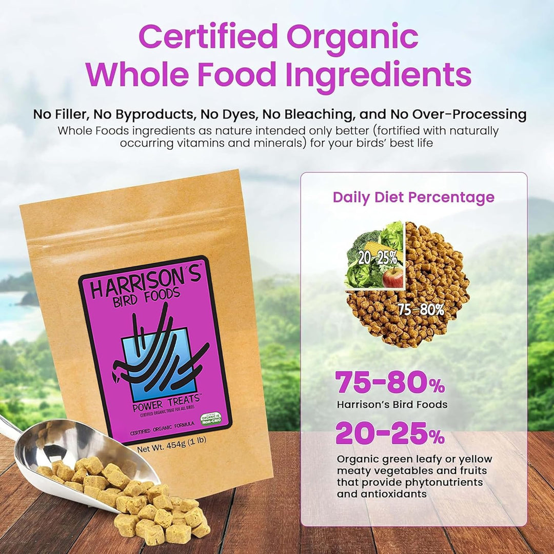 Harrison's Bird Foods Power Treats package with a scoop of bird food on a wooden surface, featuring text about certified organic ingredients.