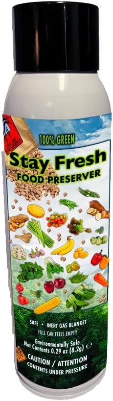 Harrison's Stay Fresh food preserver spray can with label and images of food on a white background