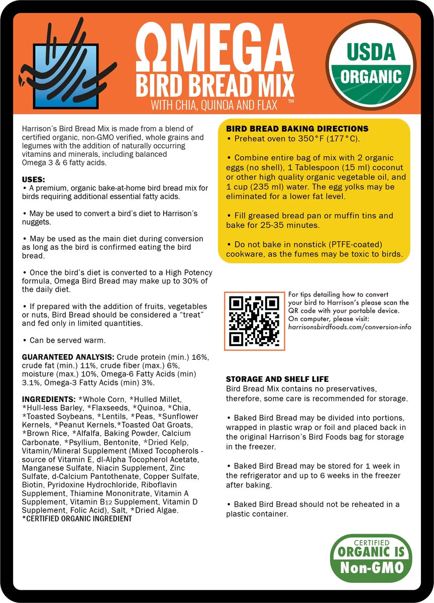 Omega Bird Bread Mix packaging with USDA Organic label and QR code.