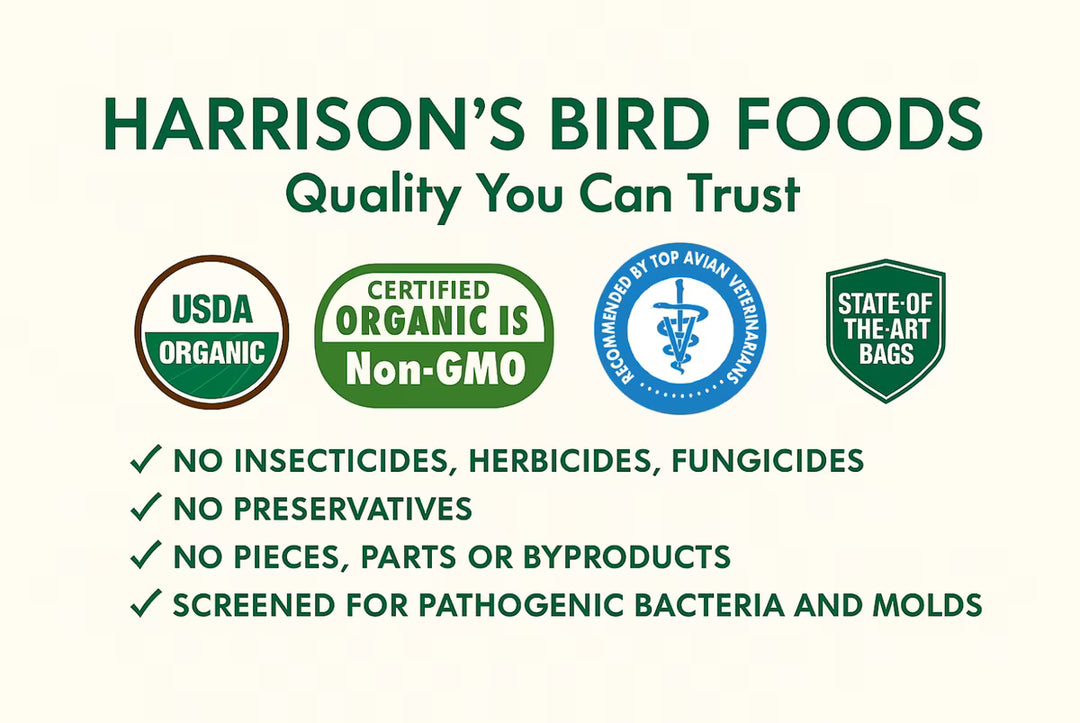 Harrison's Bird Foods promotional graphic with certification logos and quality assurances.