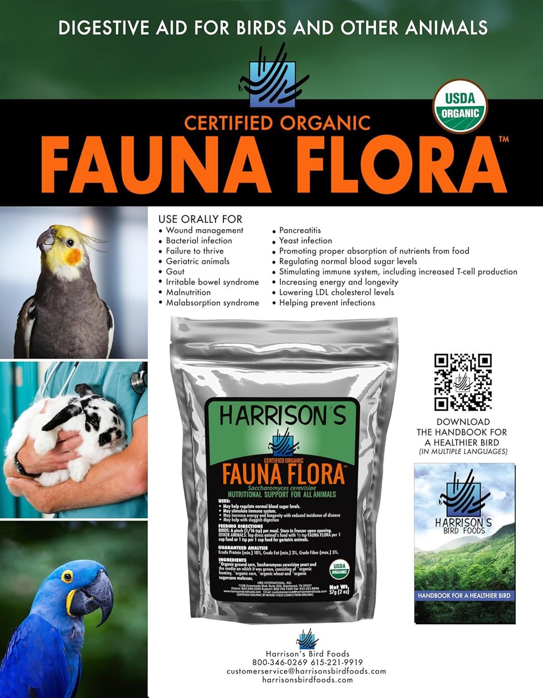 Fauna Flora digestive aid packaging for birds and other animals with images of a parrot, a person holding an animal, and a blue macaw.
