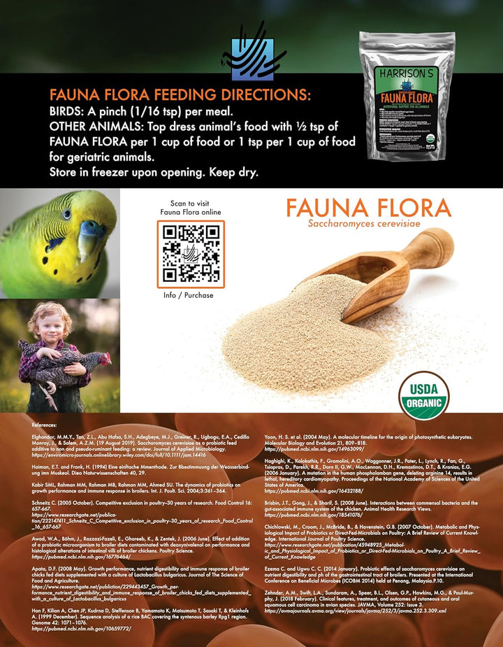 Fauna Flora product packaging with feeding directions and images of a parrot and child.