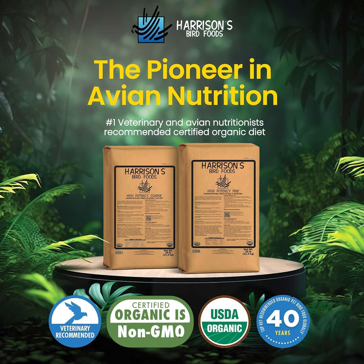 Harrison's Bird Foods packages with a forest background and branding elements.