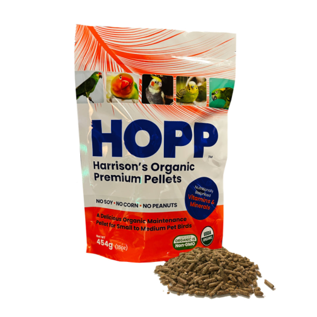 Harrison's Organic Premium Pellets packaging with bird images on a white background