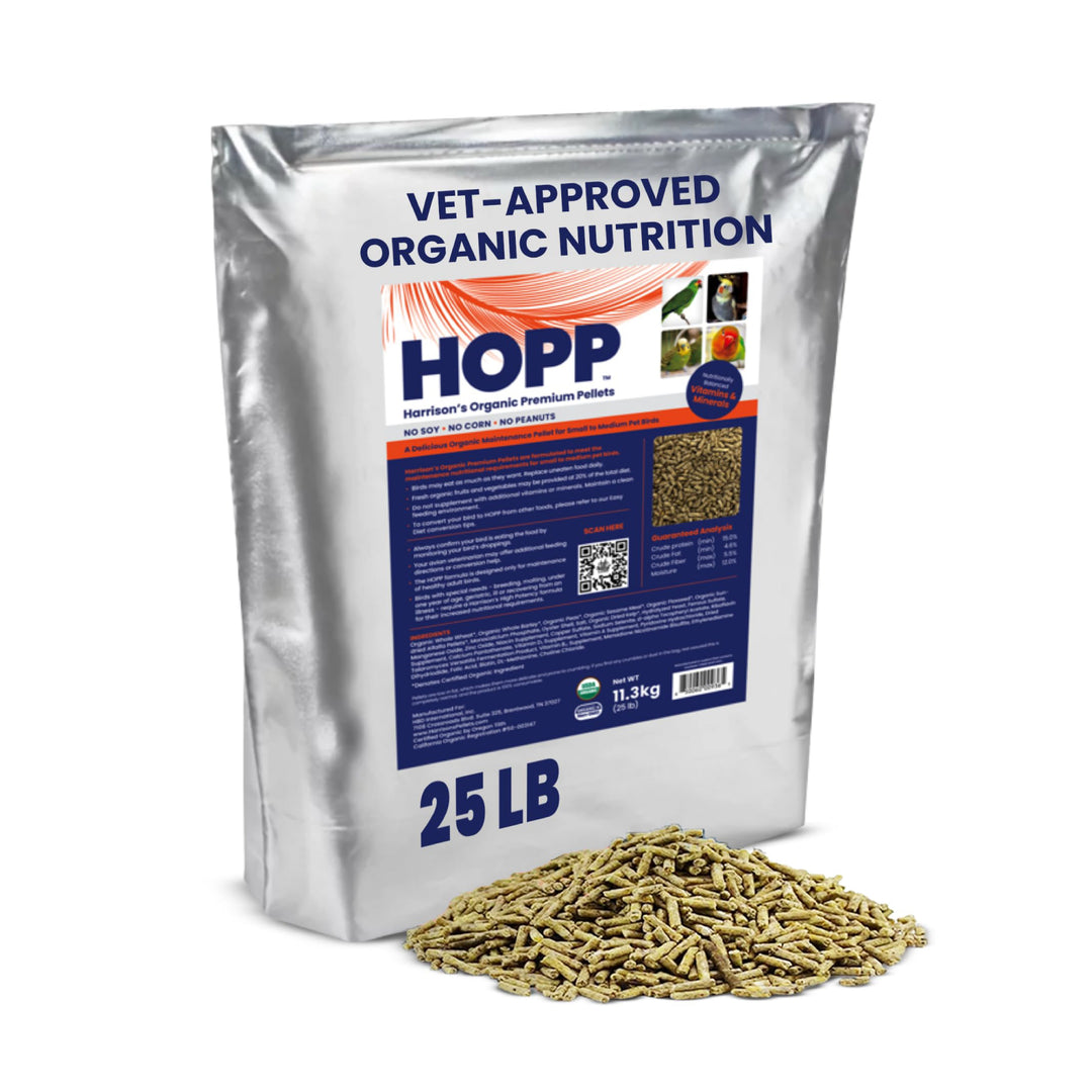 HOPP organic nutrition product packaging and pellets on a white background.