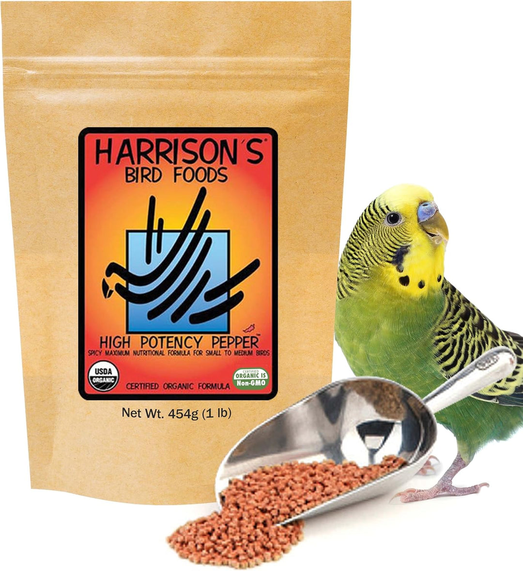 Harrison's High Potency Fine Pepper 1 LB package with a parakeet and scoop of bird food on a white background