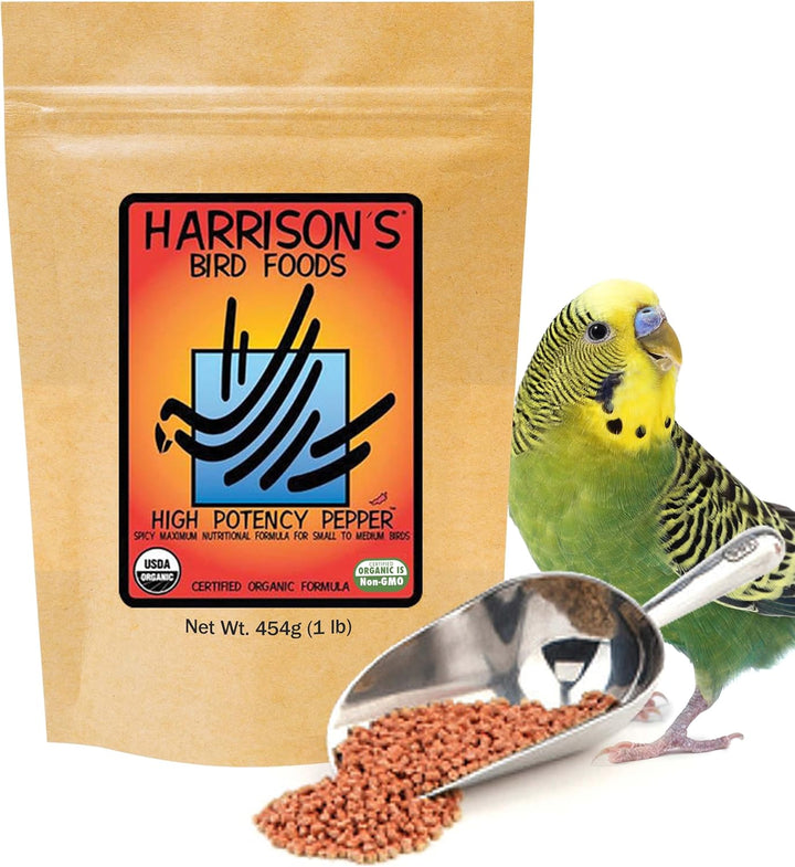 Harrison's High Potency Fine Pepper 1 LB package with a parakeet and scoop of bird food on a white background