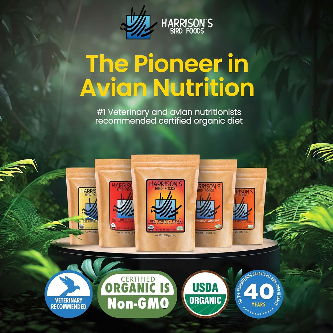 Harrison's Bird Foods packages with a jungle background and branding elements.