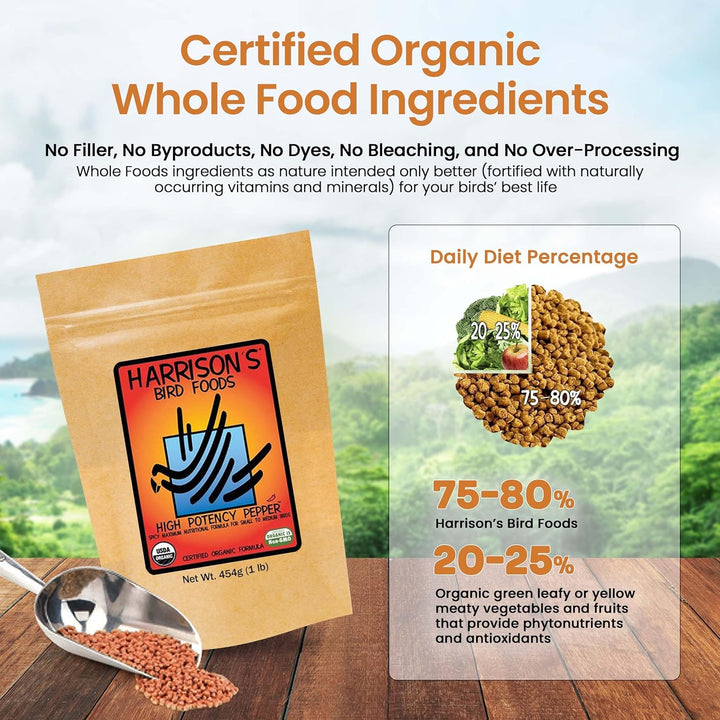 Harrison's High Potency Fine Pepper 1 LB package with a scoop of food on a wooden surface, set against a scenic background.