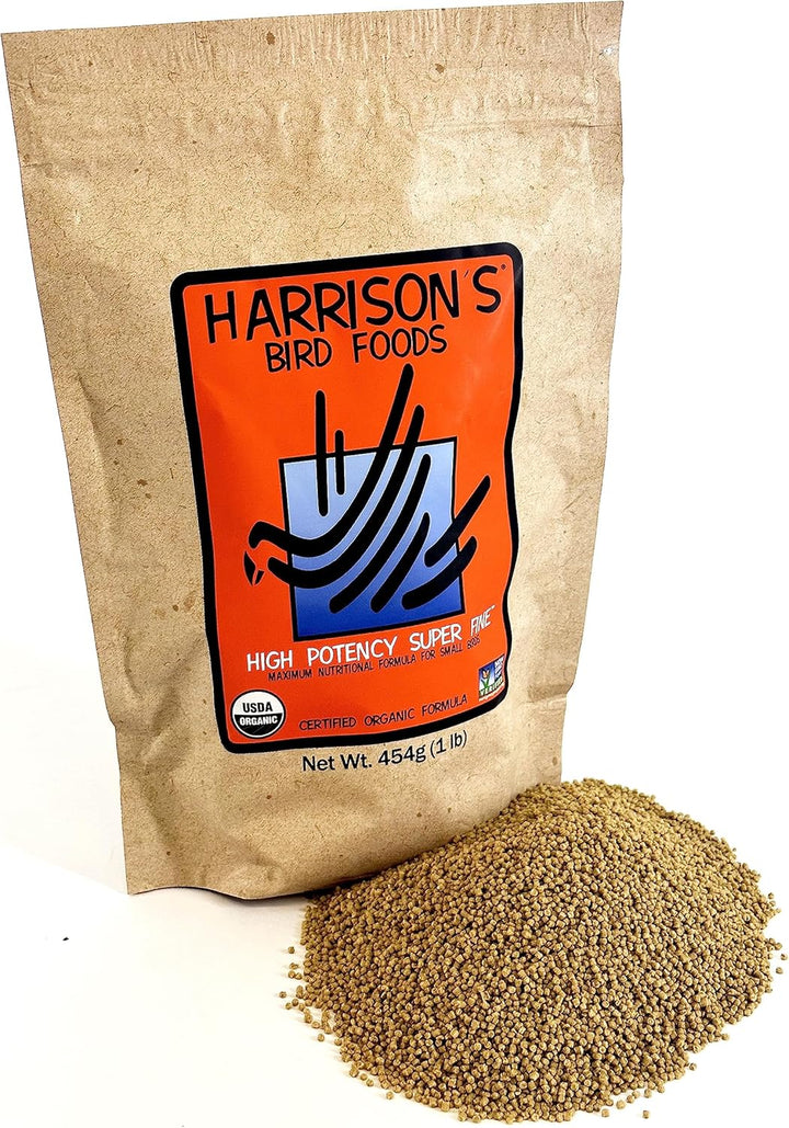 Bag of Harrison's Bird Foods with bird seed on a white background. Harrison's High Potency SuperFine Bird Food 1 LB