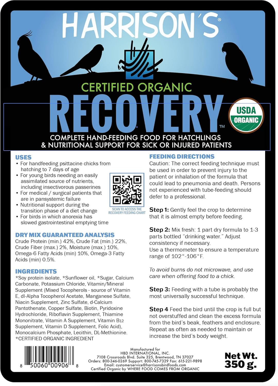 Harrison's Certified Organic Recovery food label for hatchlings and injured patients