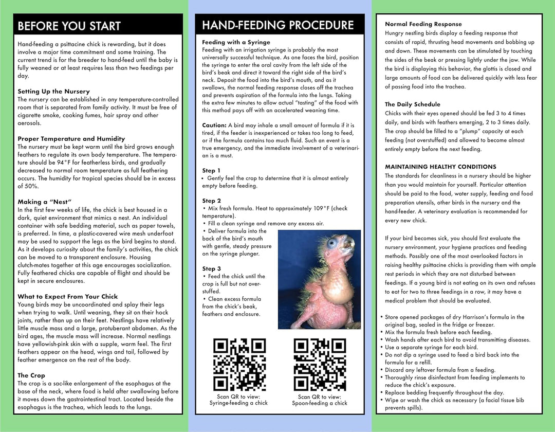 Brochure or flyer from Harrison's Bird Foods on hand-feeding procedure.