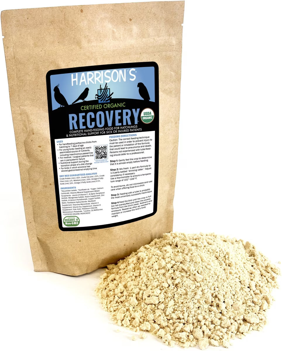 Harrison's Certified Organic Recovery powder with packaging on a white background