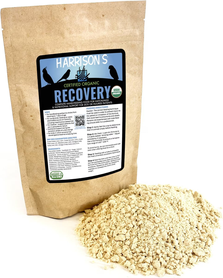 Harrison's Certified Organic Recovery powder with packaging on a white background