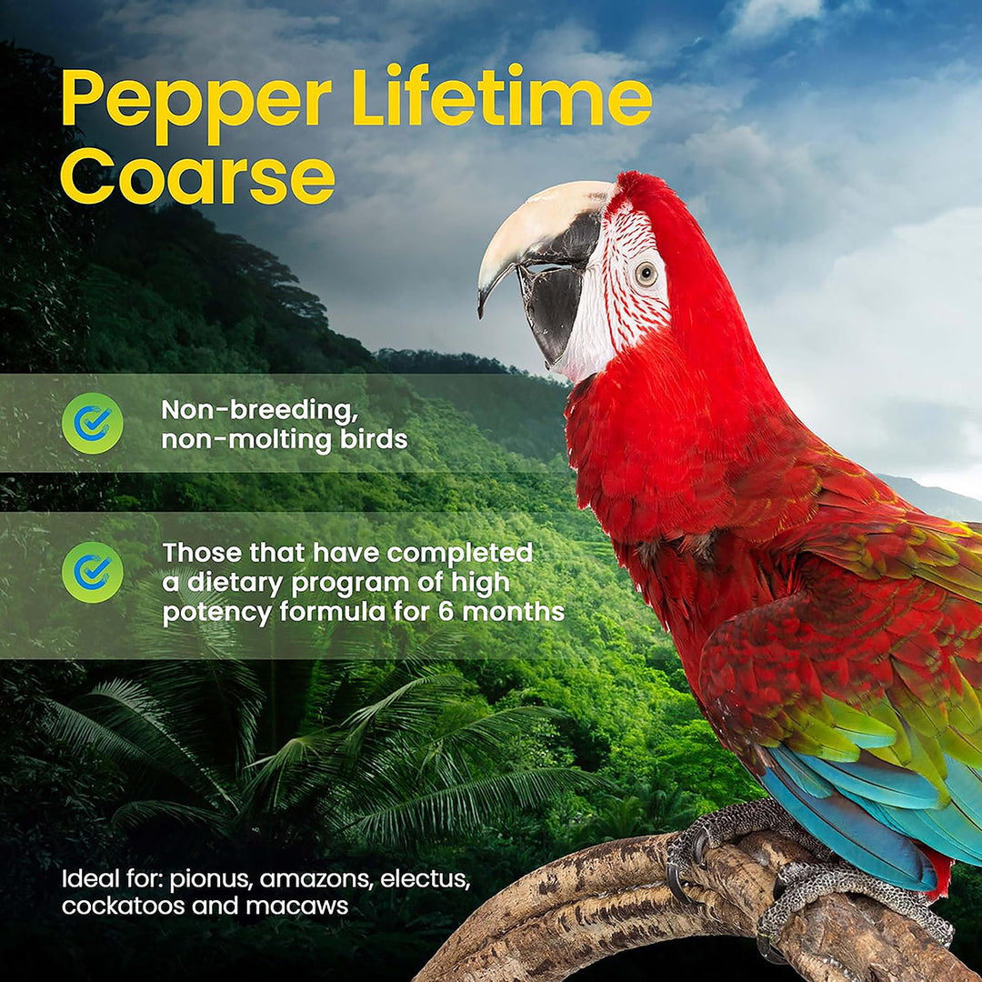 Red parrot on a branch with text about 'Pepper Lifetime Coarse' supplement for birds.