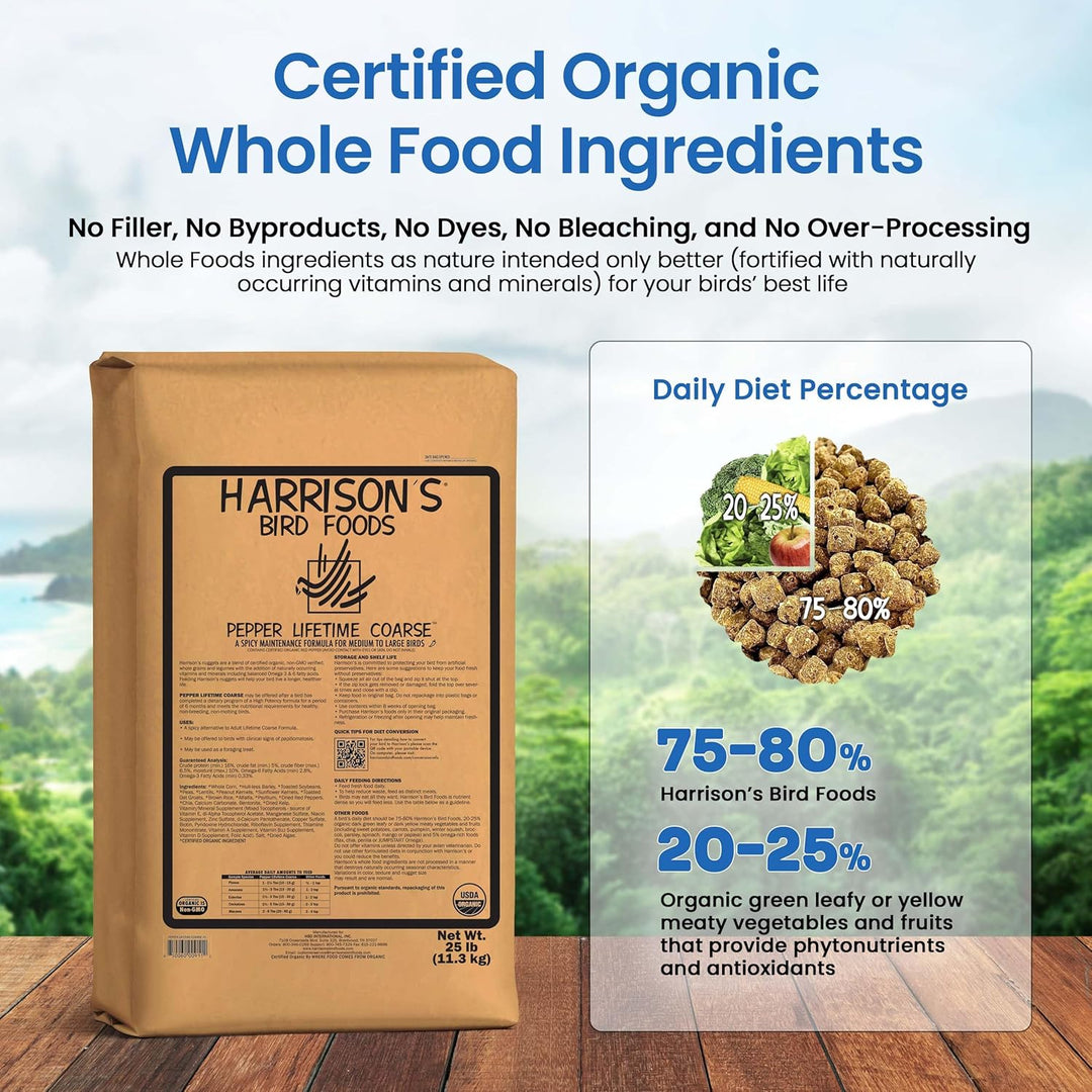 Harrison's Bird Foods packaging with certification details and dietary information on a scenic background