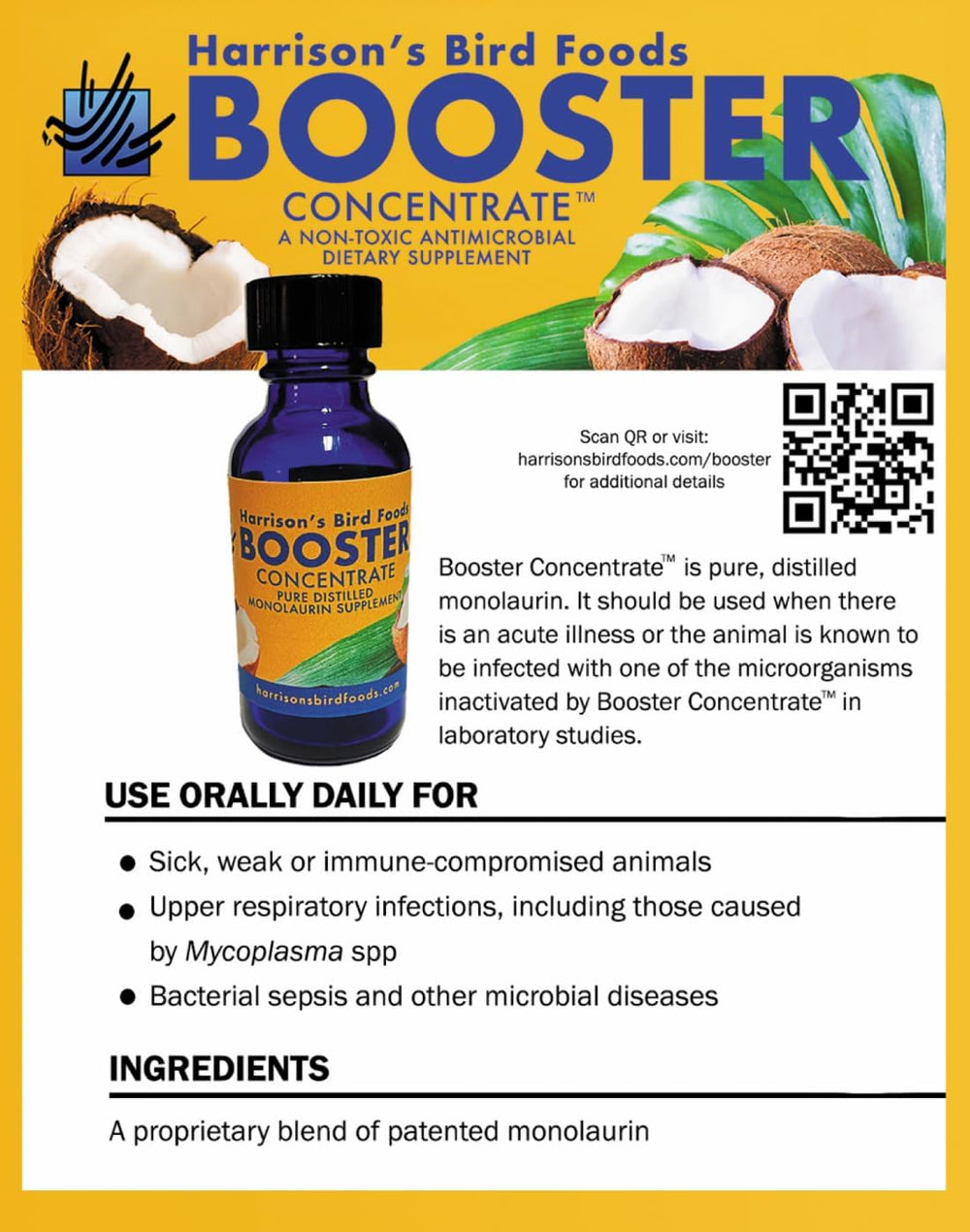 Harrison's Bird Foods Booster Concentrate supplement with bottle and text on a yellow background