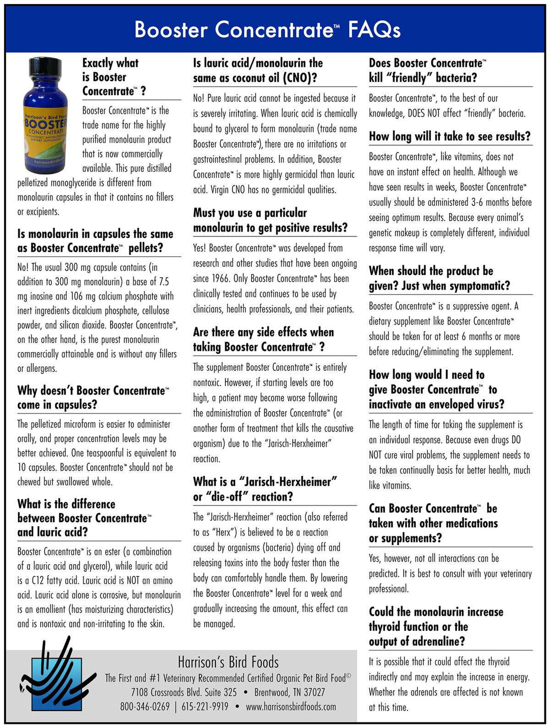 Booster Concentrate FAQ sheet with product image and text