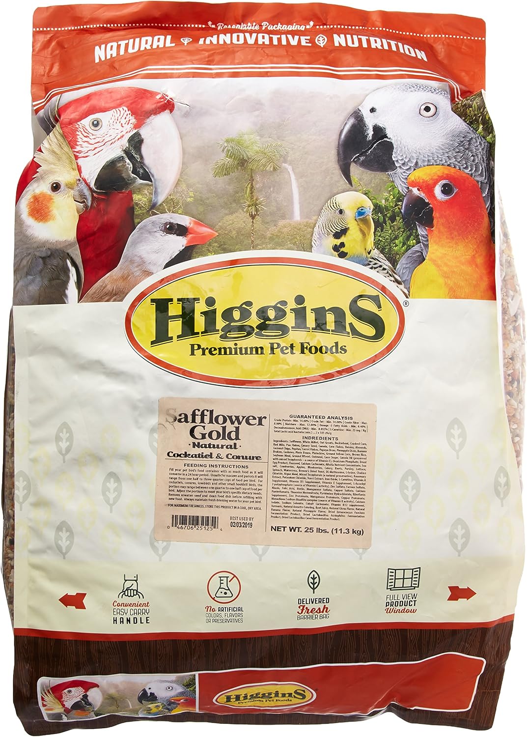 Higgins Premium Pet Foods safflower gold bird seed package with parrot images on a white background