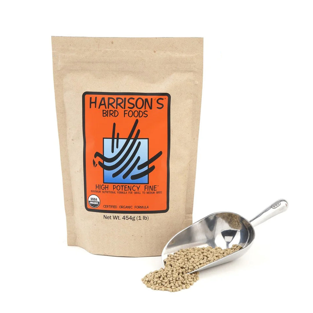 Harrison's High Potency Fine 1lb bird food package with a scoop of seeds on a white background