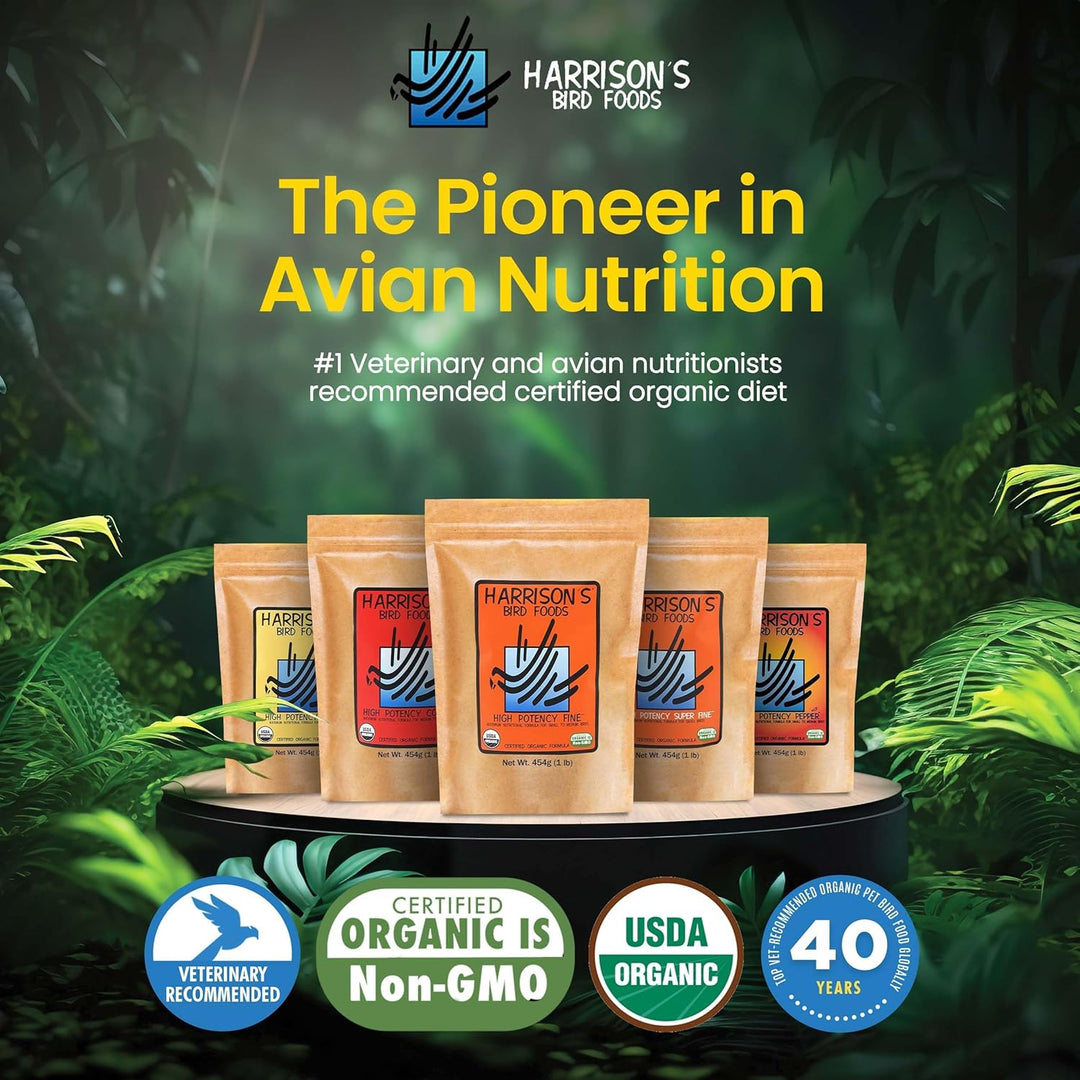 Harrison's bird food packages with branding and certification logos on a natural background