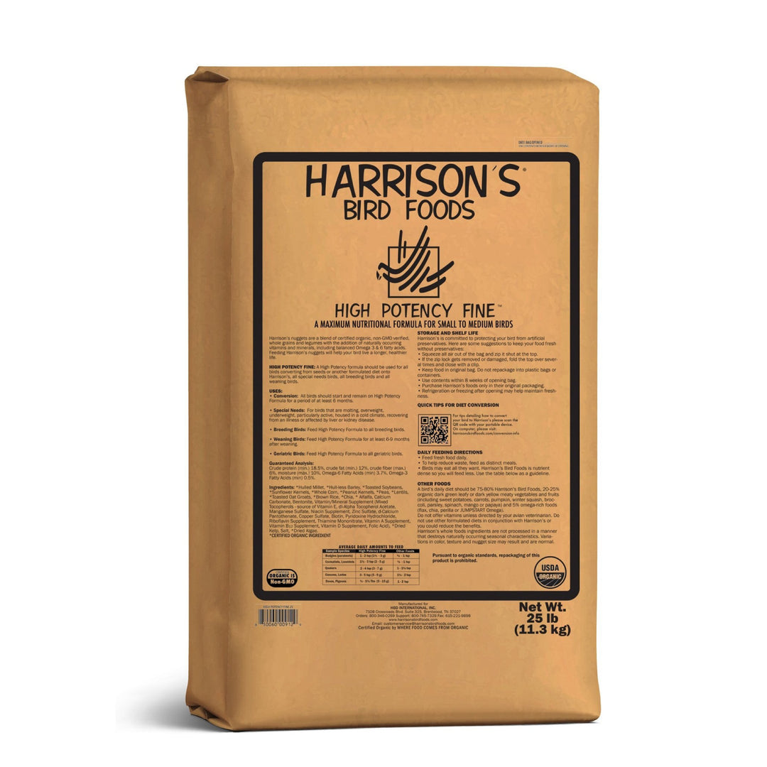 Brown bag of Harrison's High_Potency_Fine_25lb Bird Food with black text on a white background