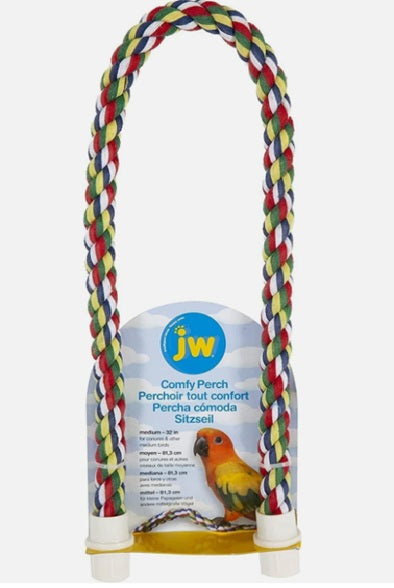 Colorful braided rope perch with JW Pet Company packaging on a white background