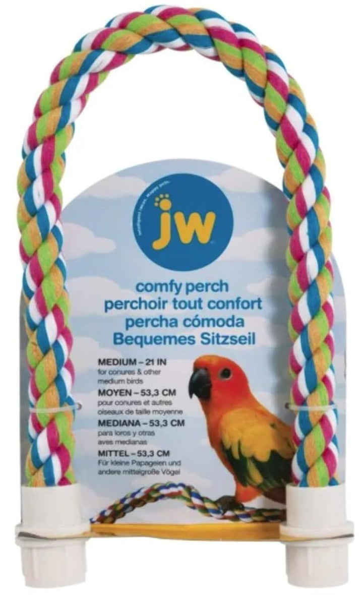 Colorful rope perch with JW pet product packaging featuring a parrot illustration.